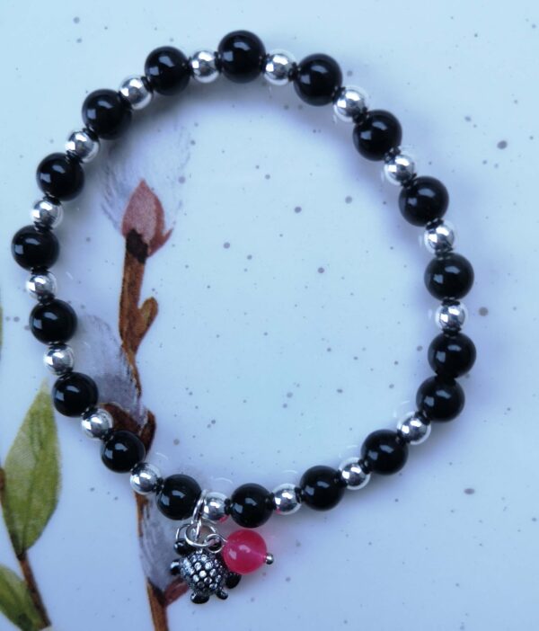 Black Obsidian, Silver Hematite and Turtle White zircon Charm Copper bead