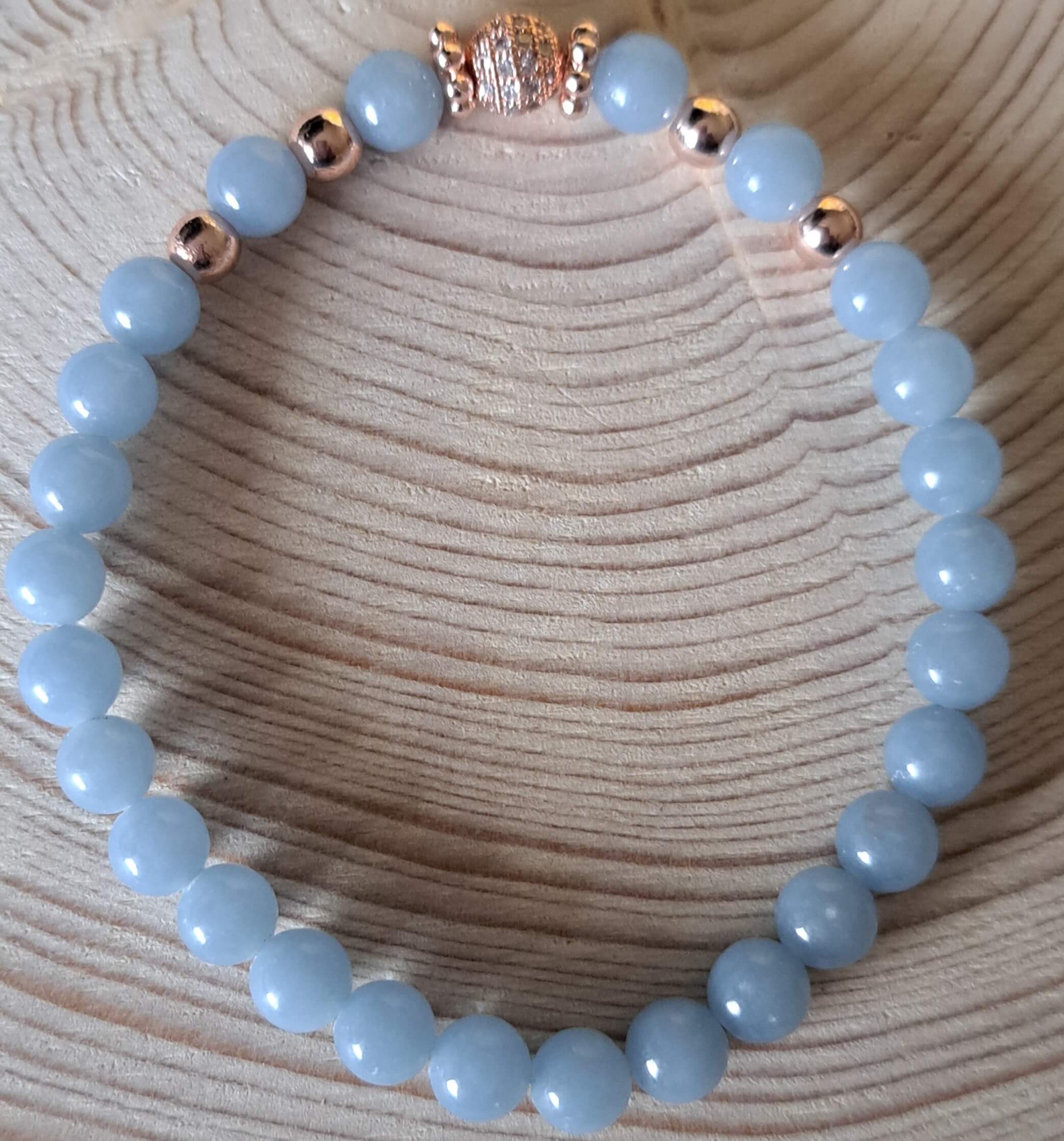 Blue Angelite (AAA Grade), Gold Rose Hematite, Micro Pave AAA Zirconia Disco Round Ball Charms Copper and Gold Color Plated Brass Bracelets Flower Spacer