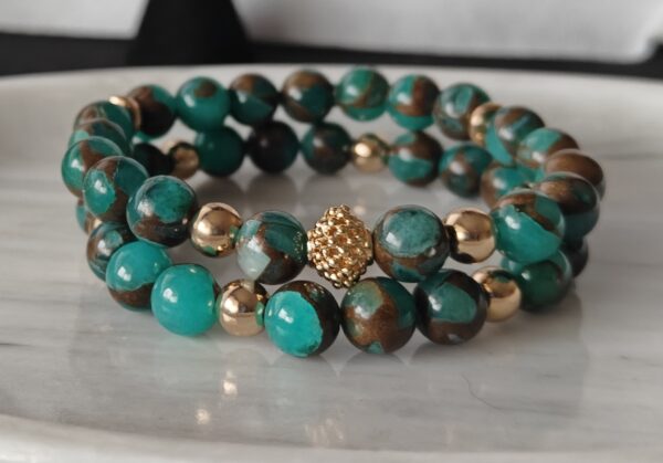 Natural Green Golden Stripe Cloisonne Stone, Gold Hematite and 24K Gold Color Brass Hollow Spacer Beads